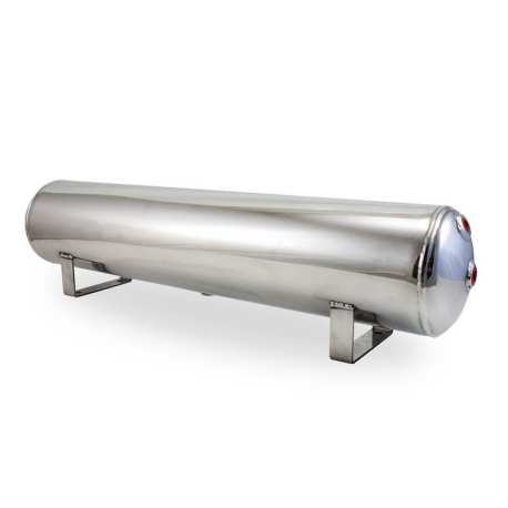 4 Gal Alum Air Tank - (2) 1/4", (2) 3/8" end ports, & 1/4" drain port - 30" L x 6" D - Polished