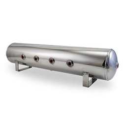 4 Gal Alum Air Tank - (4) 1/4" face ports, (2) 3/8" end ports, & 1/4" drain port - 30" L x 6" D - Polished