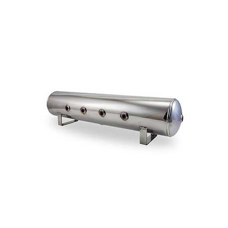 4 Gal Alum Air Tank - (4) 1/4" face ports, (2) 3/8" end ports, & 1/4" drain port - 30" L x 6" D - Polished